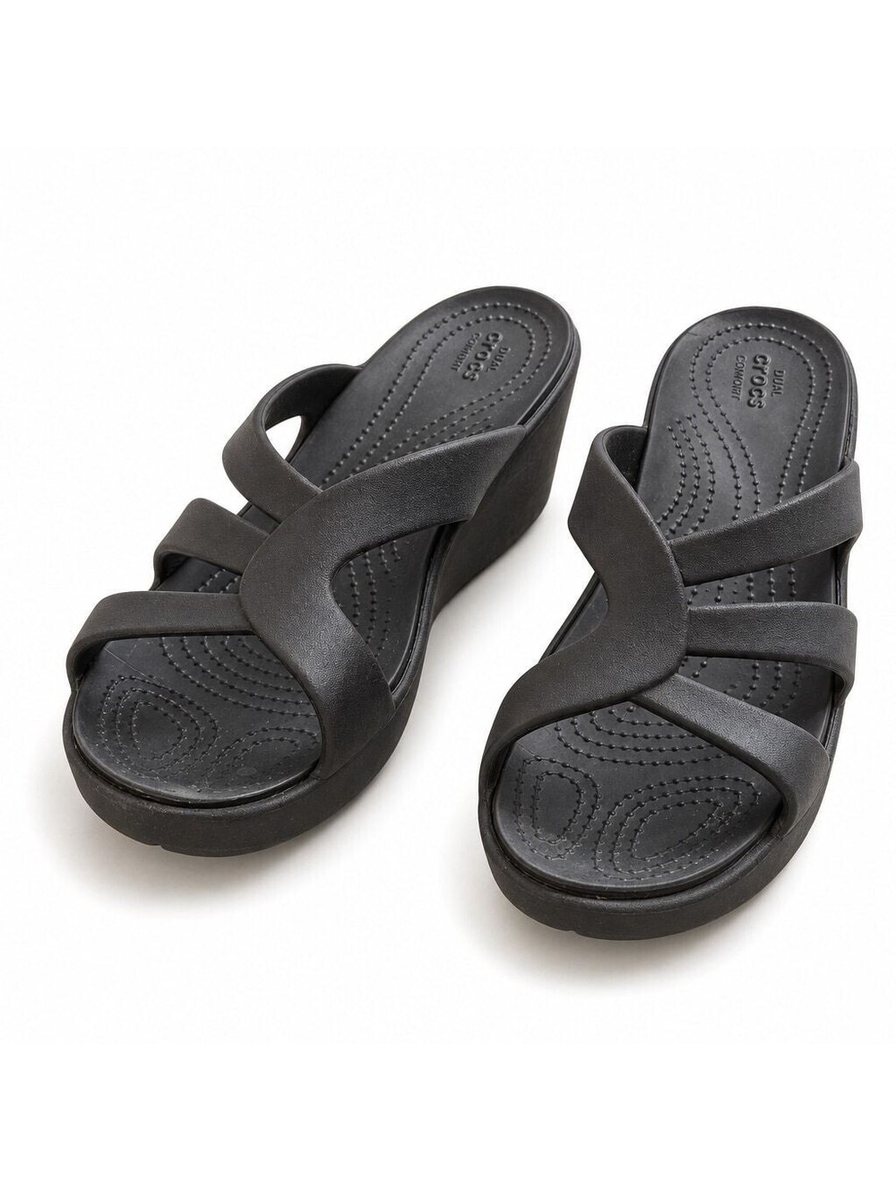 Crocs Sanrah Strappy Wedge Slide Sandals Black W11 - Pre-owned Excellent